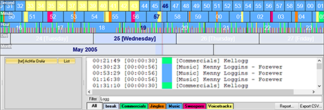 All as-run log events from the playout system (radio). The list is filtered by word 